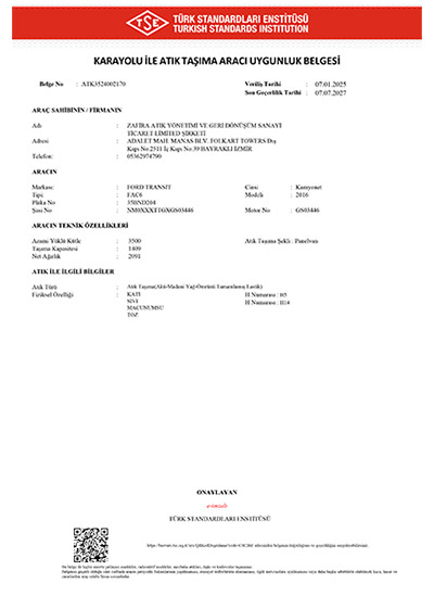 Atık Taşıma Araç Uygunluk Belgesi